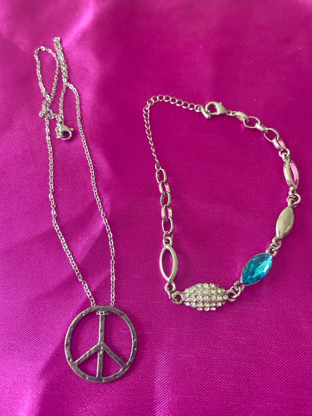 Silver Peace Sign Necklace with Blue Crystal Accent free Bracelet